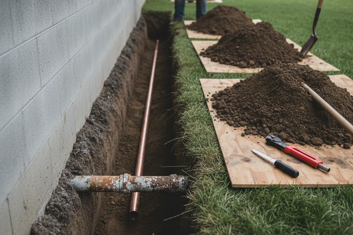 Excavated water line trench during Water Heater Repair in Wellsville